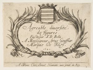 1. tábla: Két tenyér és egy címer keretezi a címet és a dedikációt, a „Vari...” címlapja, 1642. alkotó: Stefano della Bella