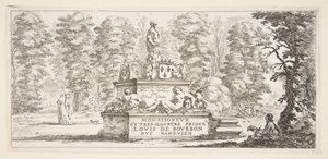 1. tábla: emlékmű szobrokkal és címerrel a közepén, rajzoló a..., kb. 1643. alkotó: Stefano della Bella
