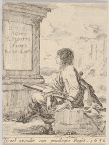 1. tábla: egy kövön ülő, profilban balra néző fiatalember, kezében egy rajzlappal ..., 1650. alkotó: Stefano della Bella