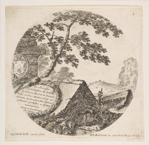 1. tábla: töredékek ókori műemlékekből, római tájakból és romok vidékéről..., kb. 1646. alkotó: Stefano della Bella