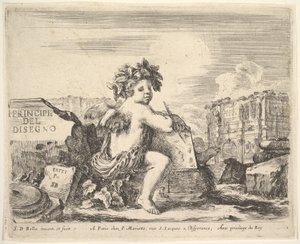 1. tábla: a rajz zsenije, egy szárnyas gyermek, aki egy sziklán ül középen, megfordítva..., kb. 1641. alkotó: Stefano della Bella