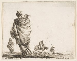 21. tábla: balra szegény asszony, hátulról nézve, gyermekét kendőbe burkolja..., kb. 1644-47. alkotó: Stefano della Bella