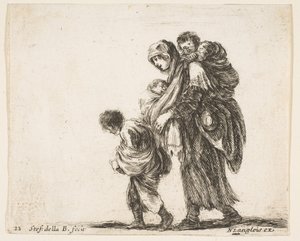 22. tábla: egy koldusasszony három gyermekkel, egy gyerek a vállán, egy gyerek..., kb. 1644-47. alkotó: Stefano della Bella