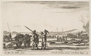 3. tábla: Egy tiszt parancsot ad egy katonának az előtér közepén, ágyú balra, a..., kb. 1641. alkotó: Stefano della Bella