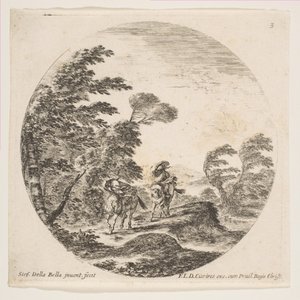 3. tábla: szélvihar az erdőben, két lovas köpenyébe burkolózva, fúj a szél..., kb. 1646. alkotó: Stefano della Bella