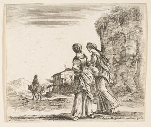 3. tábla: két lány balra sétál hátulról, egy nő lovon t..., kb. 1644-47. alkotó: Stefano della Bella