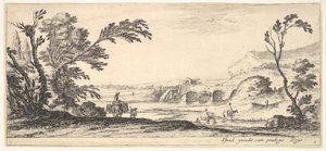 3. tábla: két lovas átkel a folyón jobbra, egy nő két kosárral egy szamár tetején..., kb. 1641. alkotó: Stefano della Bella