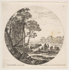 4. tábla: bal oldalon egy korinthoszi főváros a földön, egy emlékmű alacsony fényű alakokkal..., kb. 1646. alkotó: Stefano della Bella