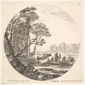 4. tábla: egy korinthoszi főváros a földön balra az előtérben, egy emlékmű, kb. 1643-48. alkotó: Stefano della Bella