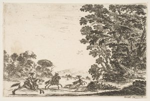 4. tábla: szarvasvadászat, két lovas vágtat balra három kutya és egy szarvas mögött..., 1642. alkotó: Stefano della Bella