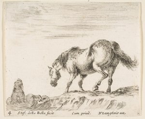 4. tábla: balra néző ló profilban, halomról leszállni készül, ló..., kb. 1644-47. alkotó: Stefano della Bella