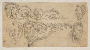 4. tábla: öt groteszk fej, a „Frízek, lombok és groteszkek”-ből Frises, feu..., kb. 1642-43. alkotó: Stefano della Bella