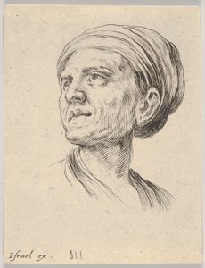 4. tábla: motorháztetős öregasszony feje, balra nézve Különféle fejek és alakok..., 1650. alkotó: Stefano della Bella