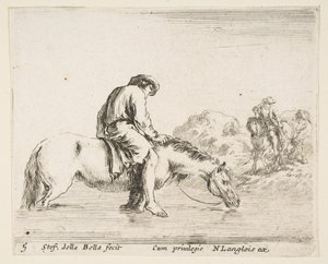 5. tábla: mezítlábas paraszt lóháton átkel a folyón, egy másik paraszt lovon..., kb. 1644-47. alkotó: Stefano della Bella
