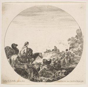 5. tábla: bal oldalon egy nő, aki gyermeket cipel lovon, egy teve követi, egy falka..., kb. 1646. alkotó: Stefano della Bella