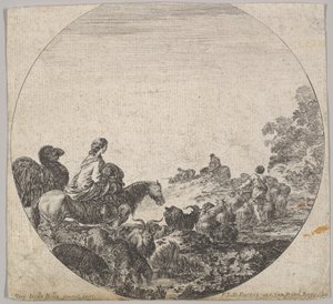 5. tábla: balra lovon gyermeket szállító nő, teve követi, csorda..., kb. 1643-48. alkotó: Stefano della Bella