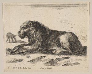 5. tábla: fekvő oroszlán, különböző állatokból Diversi animali, kb. 1641. alkotó: Stefano della Bella