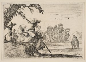 5. tábla: balra két kalapos zarándok, hátulról nézve lovas lovagol felé..., 1642. alkotó: Stefano della Bella
