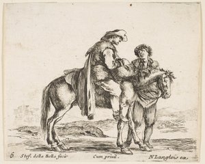 6. tábla: lóháton jobbra néző paraszt, kezében kosár és t..., kb. 1644-47. alkotó: Stefano della Bella