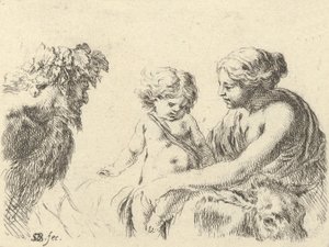 6. tábla: egy nő a jobb oldalon, kezében a gyermekével, aki egy szamár tetején ül, egy szatír a..., kb. 1646. alkotó: Stefano della Bella