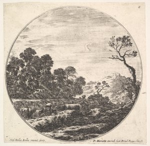 6. tábla: tehenek átkelnek egy völgyön balra, egy facsoport balra, egy lovas és o..., kb. 1643-48. alkotó: Stefano della Bella
