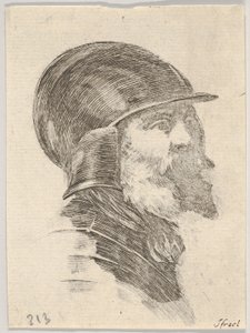 6. tábla: egy sisakot viselő, szakállas idős katona feje jobbra néz, a Various Heads...-ből, 1650. alkotó: Stefano della Bella