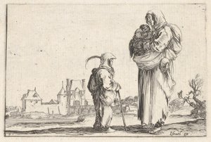 7. tábla: egy parasztasszony, aki jobbra egy gyermeket cipel, egy másik gyerekkel beszél, aki áll..., kb. 1642. alkotó: Stefano della Bella