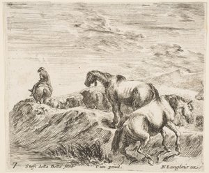 7. tábla: két ló jobbra emelkedik a folyó partjára, körmenetet követve ..., kb. 1644-47. alkotó: Stefano della Bella