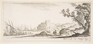 7. tábla: különböző csónakok a parton balra, egy férfi táskát cipelő, hátulról nézve és wa..., kb. 1641. alkotó: Stefano della Bella