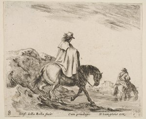 8. tábla: egy lovas ereszkedik le a folyóparton, egy másik lovas a folyóban jobbra, ...-tól kb. 1644-47. alkotó: Stefano della Bella