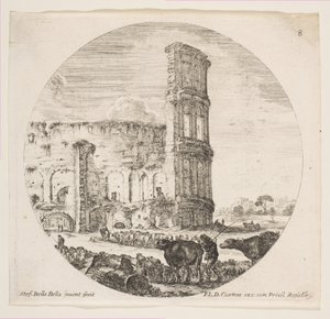 8. tábla: a Colosseum, két csorda az előtérben lévő amfiteátrum felé irányítva..., kb. 1646. alkotó: Stefano della Bella