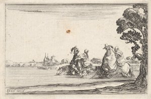 8. tábla: jobbra két kalapos lovas, mögöttük egy-egy nő ül..., kb. 1642. alkotó: Stefano della Bella