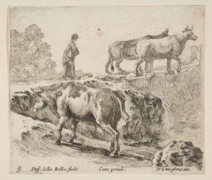 9. tábla: tehén felfelé a parton, parasztasszony két tehenet átvezetve egy hídon i..., kb. 1644-47. alkotó: Stefano della Bella