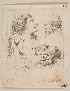 9. tábla: öt fej, balra két fiatal nő, jobbra fent egy szakállas férfi, egy fiatal nő..., kb. 1649. alkotó: Stefano della Bella