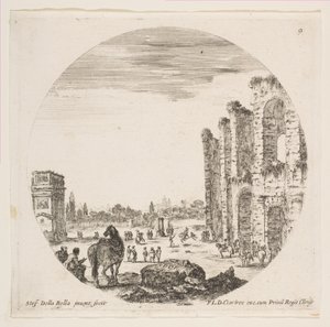 9. tábla: bal oldalon Konstantin íve, jobb oldalon a Colosseum egy része, különféle hors..., kb. 1646. alkotó: Stefano della Bella