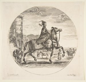 Lengyel lovas profilban jobbra, torony és egyéb lovas alakok hátul..., kb. 1651. alkotó: Stefano della Bella