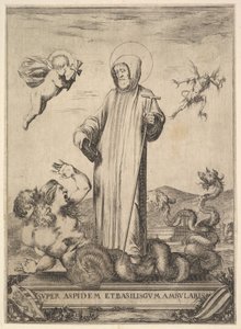 Saint Jean Gualbert egy szörnyet tapos, két emberfejjel és kígyótesttel, egy légy..., 1640. alkotó: Stefano della Bella