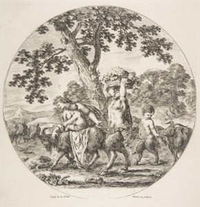 Szatír család balra sétál két kecskével és egy kosár szőlővel, kb. 1657. alkotó: Stefano della Bella