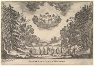 Második jelenet Diana erdejében, Az istenek házassága Le nozze degli Dei, 1637-ből. alkotó: Stefano della Bella