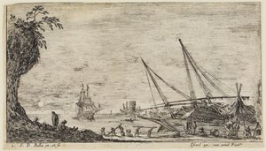Tengeri tájképek (Paysages maritimes): Tengeri kikötő tengerészekkel és munkásokkal, akik rönköket szállítanak alkotó: Stefano della Bella