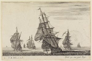 Tengeri tájképek (Paysages maritimes): az előtérben egy vitorlát felhúzó hajó, a háttérben további hajók alkotó: Stefano della Bella