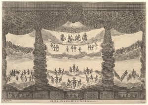 Hatodik jelenet, az egek, Az istenek házassága Le nozze degli Dei, 1637-ből. alkotó: Stefano della Bella
