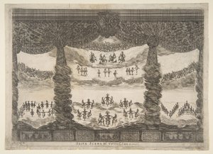 Hatodik jelenet, az egek, Az istenek házassága Le nozze degli Dei, 1637-ből. alkotó: Stefano della Bella