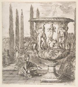 A Medici-váza, jobbra egy nagy váza, amelyet... 1656-os áldozati ábrázolás díszít. alkotó: Stefano della Bella