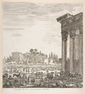 Jobbra az Antoninus-templom oszlopai, középen a Campo Vaccino egy része és..., 1656. alkotó: Stefano della Bella