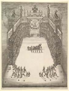 Modenai Színház felülről nézve, tele nézőkkel, diadalmas autóval a cen..., 1652. alkotó: Stefano della Bella