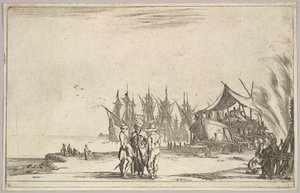 Középen három kalapos férfi áll, jobbra egy hajót rögzítő férfiak, öt hajó és vari..., 1639. alkotó: Stefano della Bella