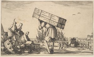 Címlap: középen egy férfi, aki hátán tokot cipel, három férfi néz feléje ..., 1639. alkotó: Stefano della Bella