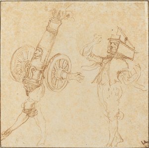 Két férfi álarcos jelmezben: Egy ágyúsütés és egy macska egérfogóban c. 1645. alkotó: Stefano della Bella