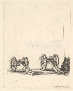 Két ágyú, két katona hátulról jobbra ülve, a „Felszerelés in..., kb. 1638-43. alkotó: Stefano della Bella